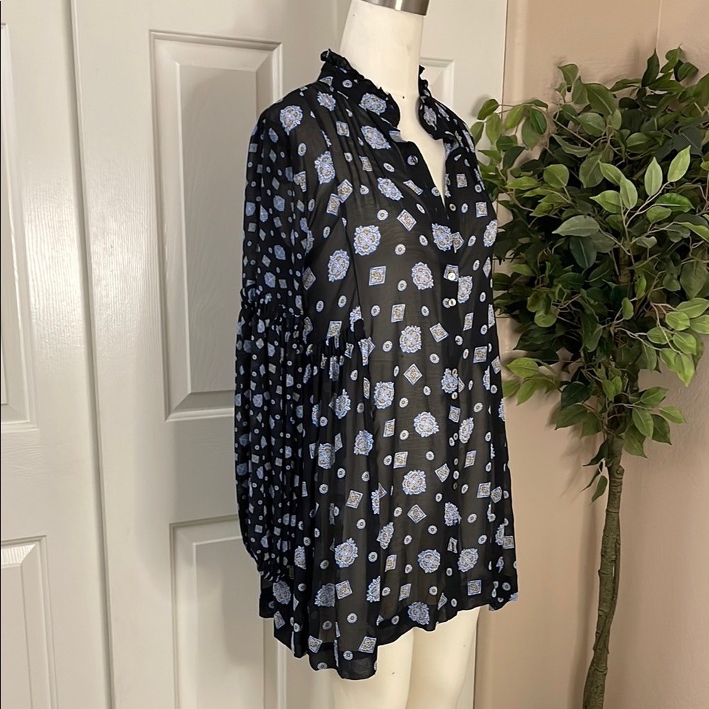 Free People Blue Long Sleeve Boxy Mini Dress with Mandarin Collar, Sheer, Navy
